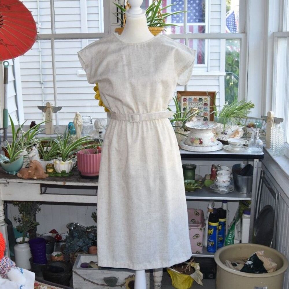 Vintage 70s Berg-Ray Frocks Oatmeal Flax Linen Look Belted Dress Small USA